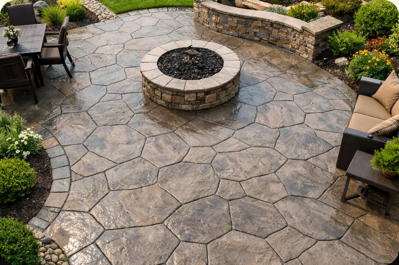 Residential concrete patio with fire pit